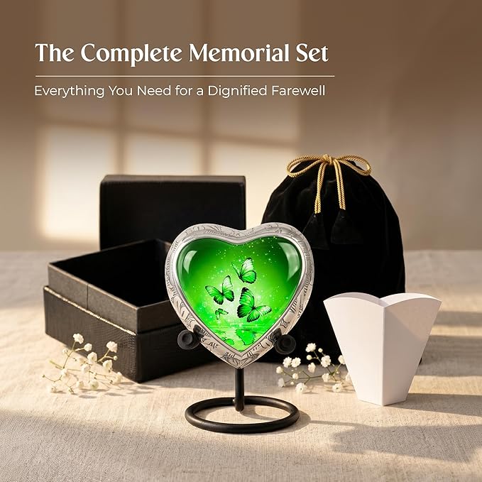 Green Butterfly Urn for Female – Small Keepsake Heart Funeral Memorial Urn