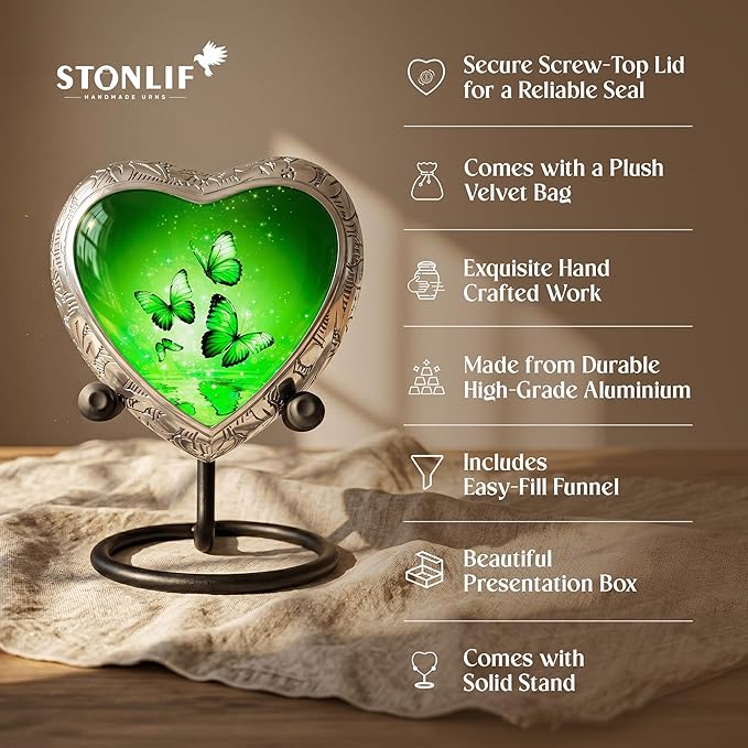 Green Butterfly Urn for Female – Small Keepsake Heart Funeral Memorial Urn