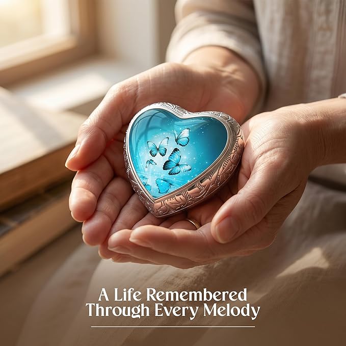 Aqua Butterfly Cremation Urn for Human Ashes, Small Keepsake Heart Urn for Female
