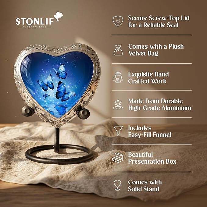 Small Blue Butterfly Urn for Female – Small Keepsake Heart Funeral Memorial Urn