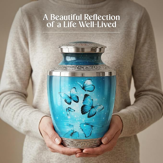 Aqua Butterfly Urn for Female – Large 200 Cubic inches Adult Funeral Memorial Urn