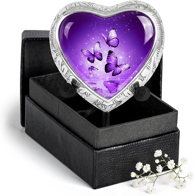 Purple Butterfly Urn for Female – Small Keepsake Heart Funeral Memorial Urn