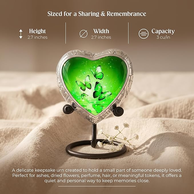 Green Butterfly Urn for Female – Small Keepsake Heart Funeral Memorial Urn