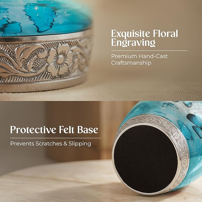 Aqua Butterfly Urn for Female – Large 200 Cubic inches Adult Funeral Memorial Urn