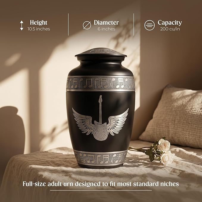 Black Guitar Wings Cremation Urn for Human Ashes – Large Adult Aluminum Memorial Funeral Burial Urn