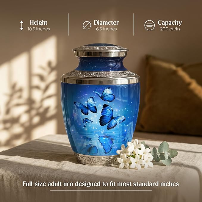 Blue Butterfly Urn for Female – Large 200 Cubic inches Adult Funeral Memorial Urn