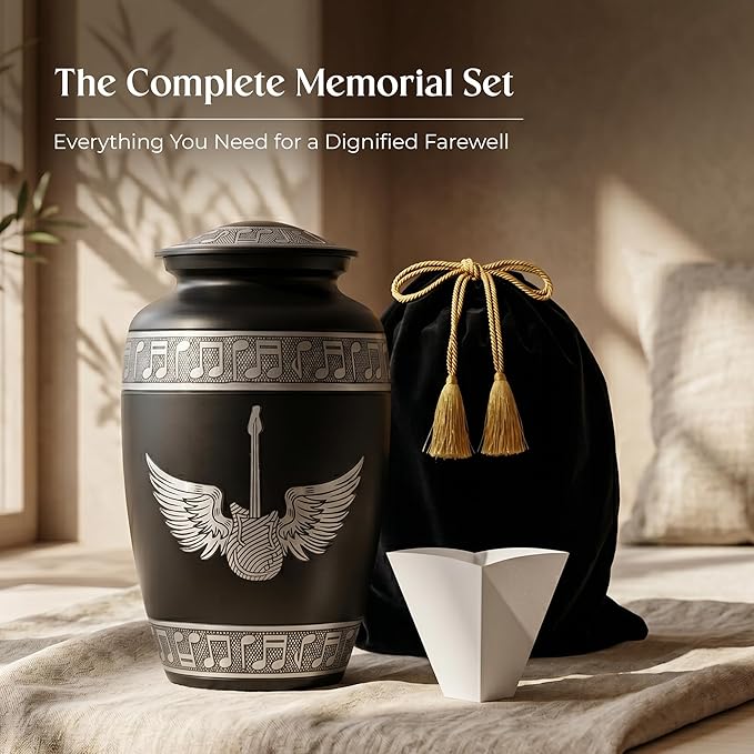 Black Guitar Wings Cremation Urn for Human Ashes – Large Adult Aluminum Memorial Funeral Burial Urn