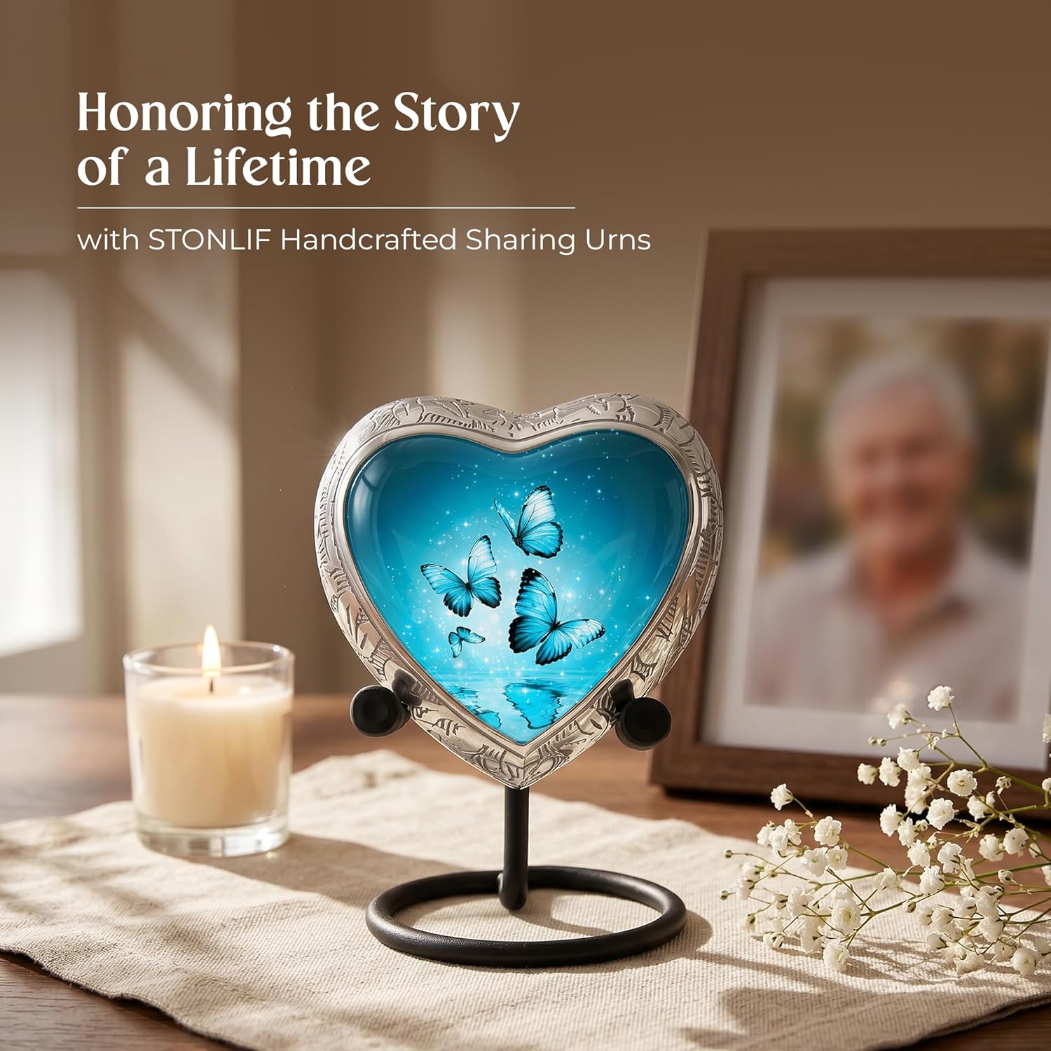 Aqua Butterfly Cremation Urn for Human Ashes, Small Keepsake Heart Urn for Female
