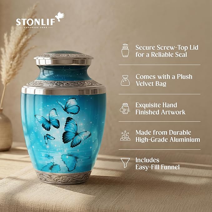 Aqua Butterfly Urn for Female – Large 200 Cubic inches Adult Funeral Memorial Urn