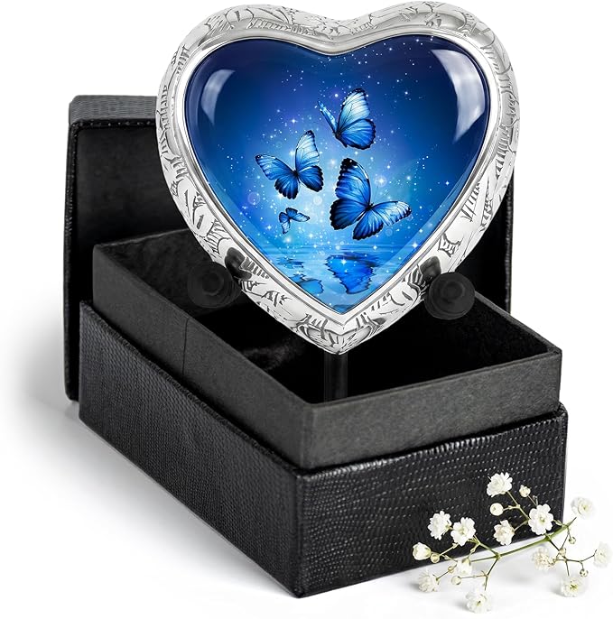 Small Blue Butterfly Urn for Female – Small Keepsake Heart Funeral Memorial Urn