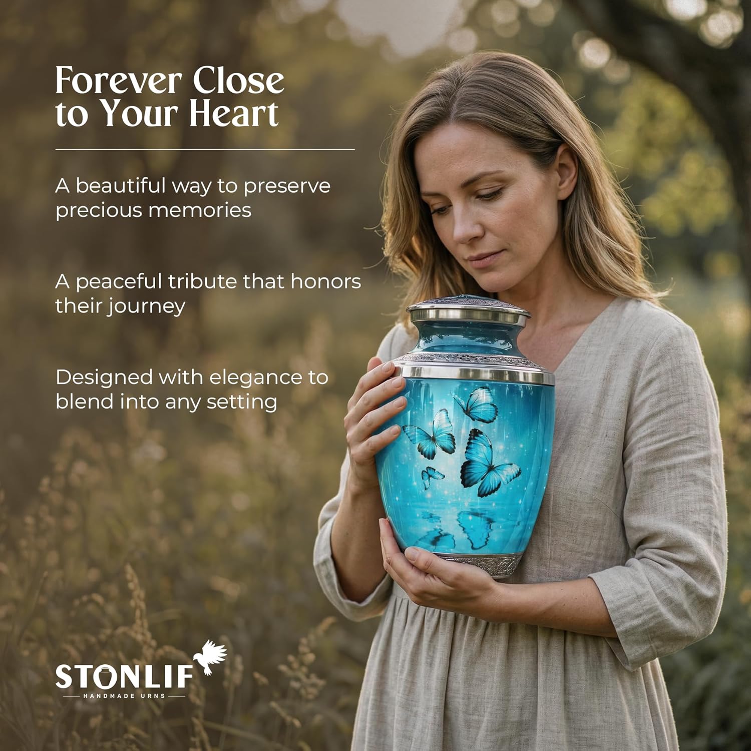 Aqua Butterfly Urn for Female – Large 200 Cubic inches Adult Funeral Memorial Urn