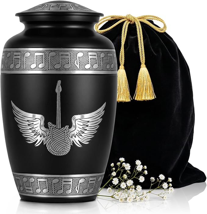 Black Guitar Wings Cremation Urn for Human Ashes – Large Adult Aluminum Memorial Funeral Burial Urn