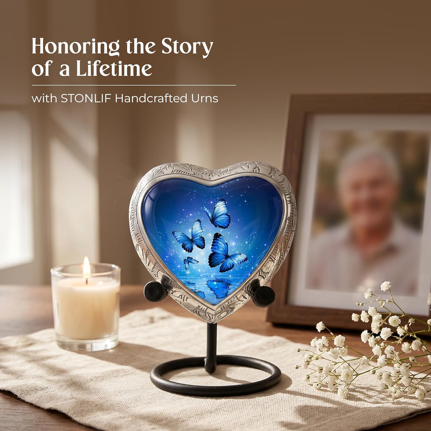 Small Blue Butterfly Urn for Female – Small Keepsake Heart Funeral Memorial Urn