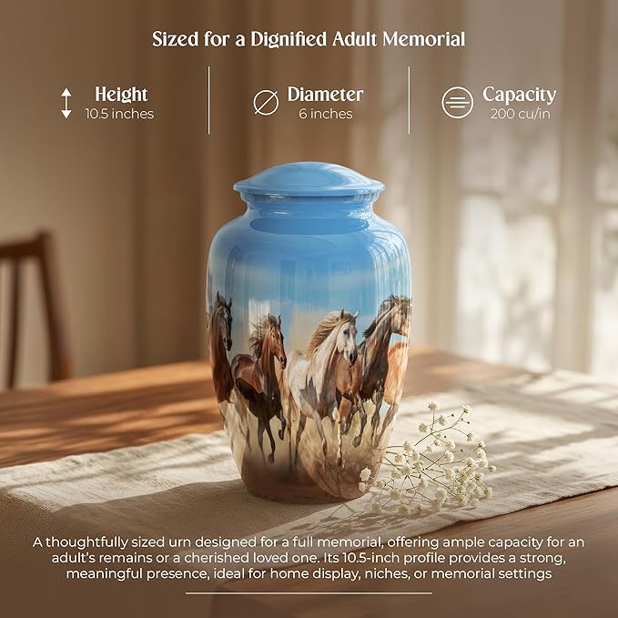 Sky Blue Horse Cremation Urn for Human Ashes – Large Adult Aluminum Memorial Funeral Burial Urn