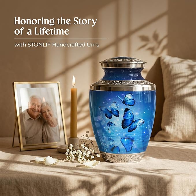 Blue Butterfly Urn for Female – Large 200 Cubic inches Adult Funeral Memorial Urn