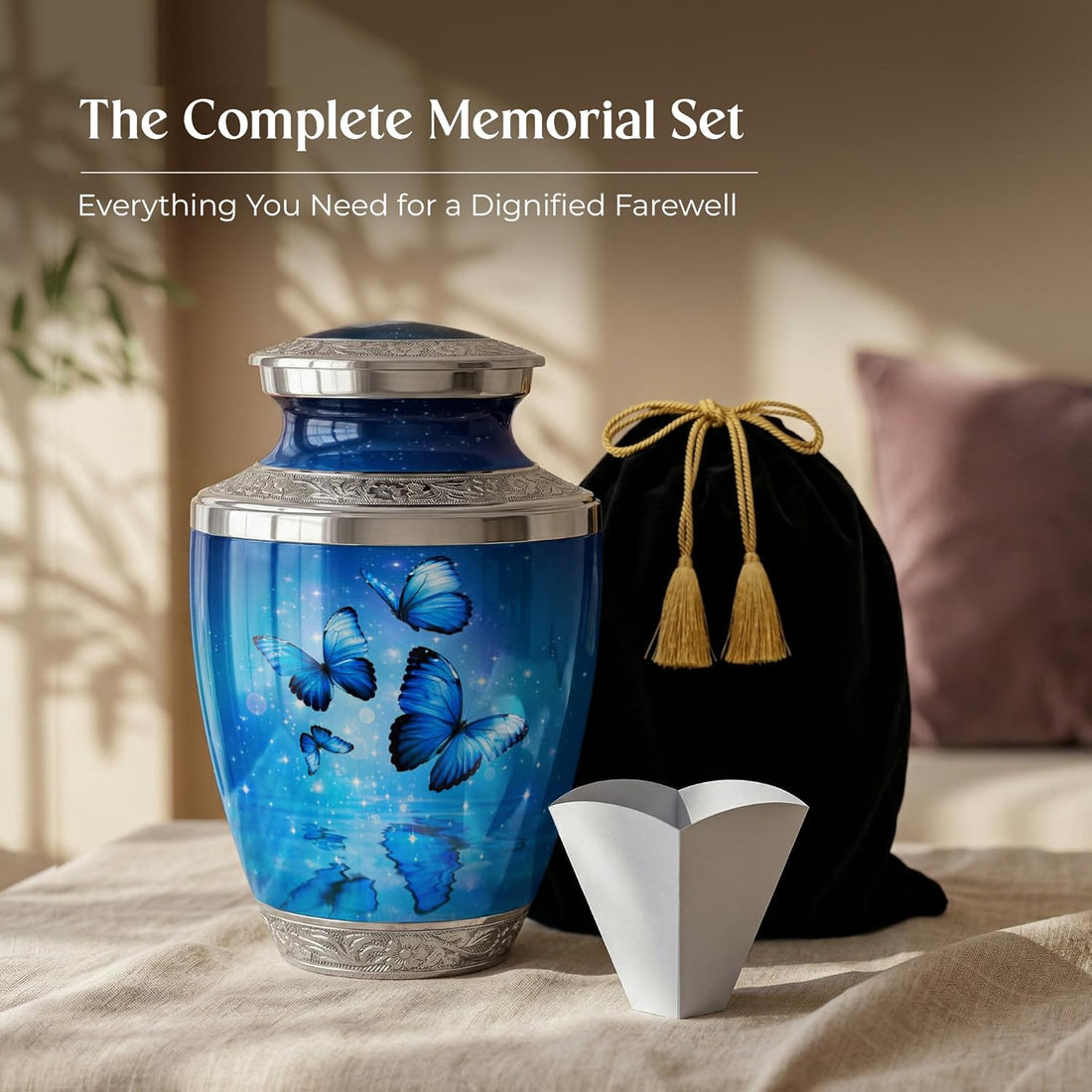 Blue Butterfly Urn for Female – Large 200 Cubic inches Adult Funeral Memorial Urn