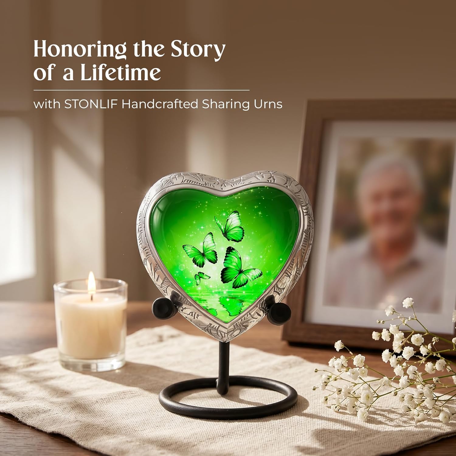 Green Butterfly Urn for Female – Small Keepsake Heart Funeral Memorial Urn