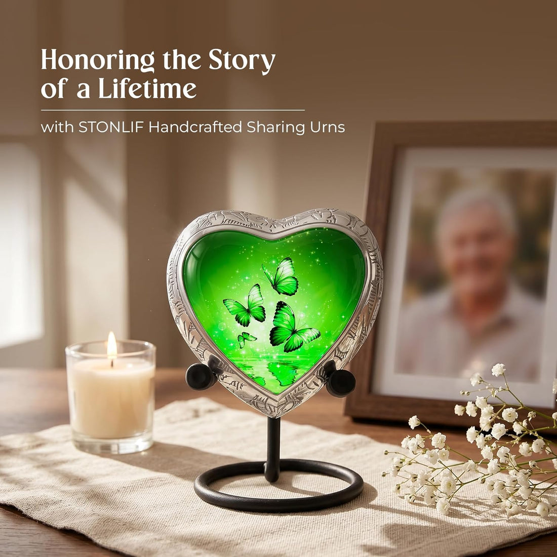 Green Butterfly Urn for Female – Small Keepsake Heart Funeral Memorial Urn