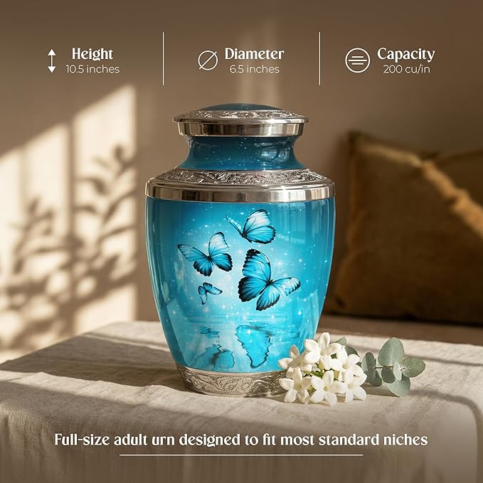 Aqua Butterfly Urn for Female – Large 200 Cubic inches Adult Funeral Memorial Urn