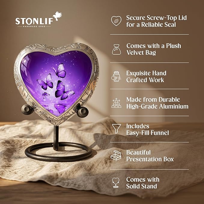 Purple Butterfly Urn for Female – Small Keepsake Heart Funeral Memorial Urn