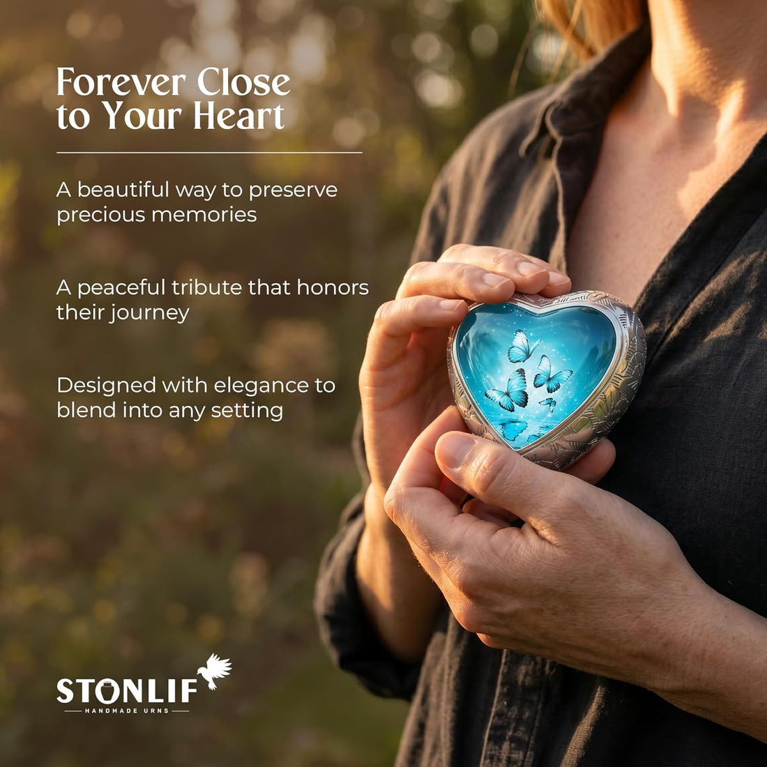 Aqua Butterfly Cremation Urn for Human Ashes, Small Keepsake Heart Urn for Female