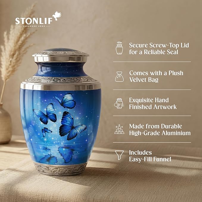 Blue Butterfly Urn for Female – Large 200 Cubic inches Adult Funeral Memorial Urn