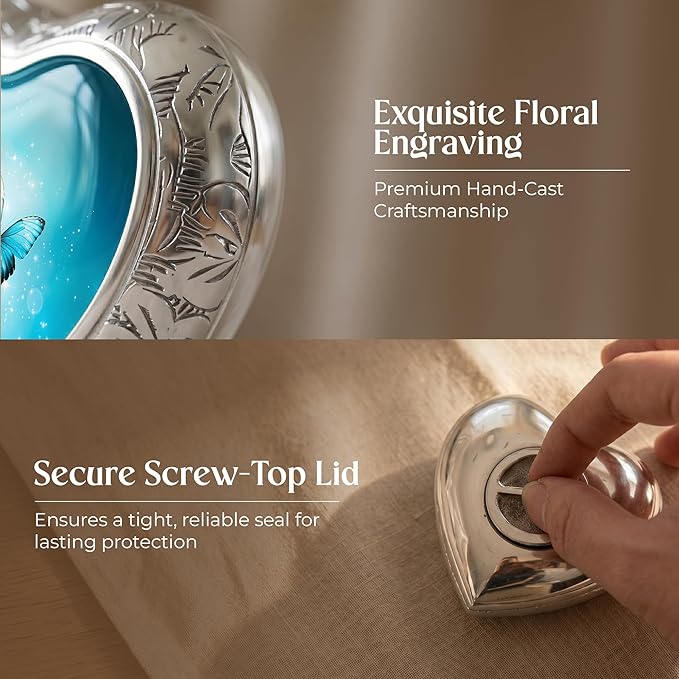 Aqua Butterfly Cremation Urn for Human Ashes, Small Keepsake Heart Urn for Female