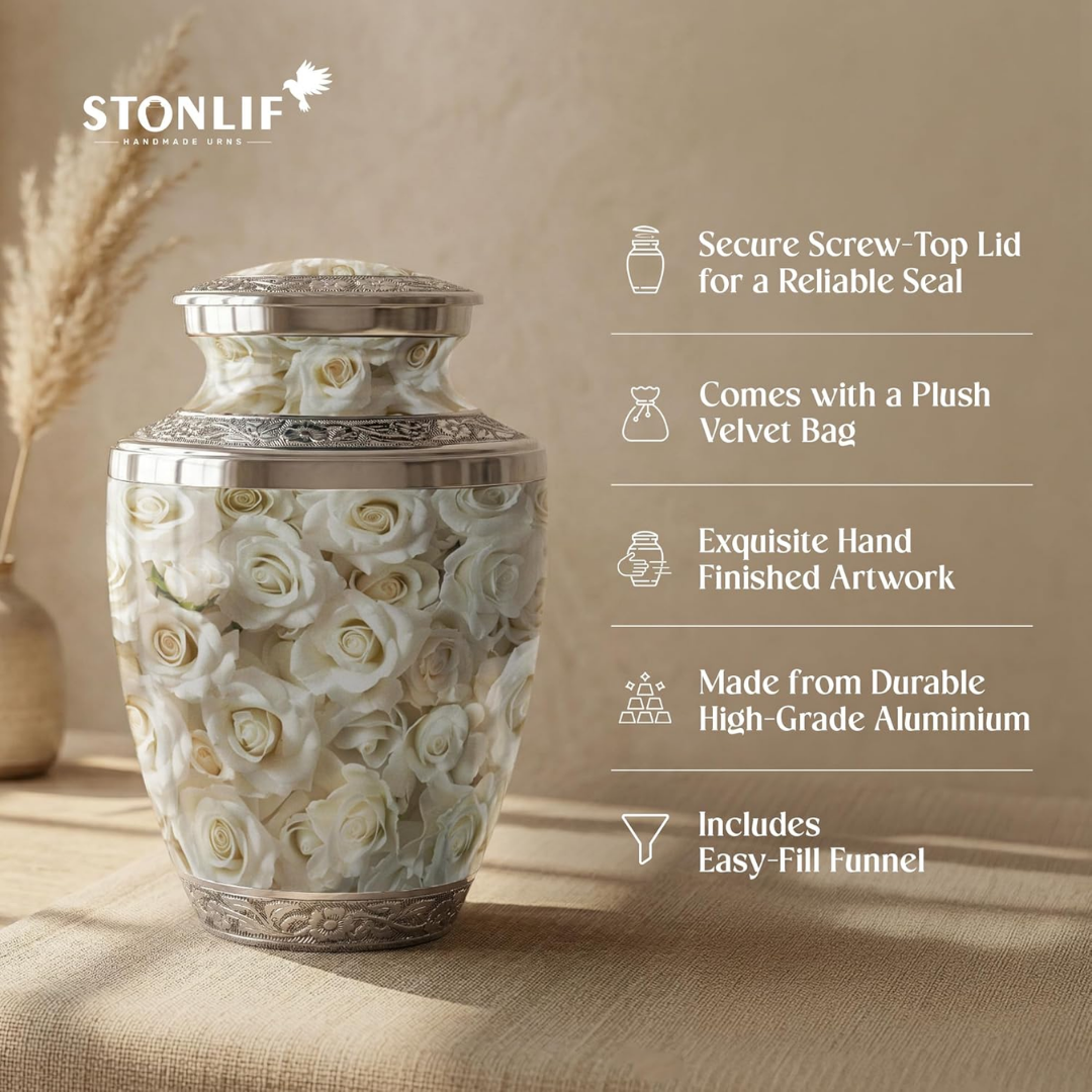 White Rose Cremation Urn for Human Ashes Adult