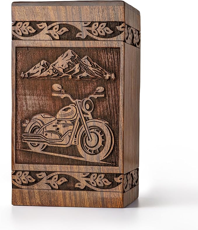Small Wooden Cremation Urns for Human Ashes 120 lbs - Motorcycle