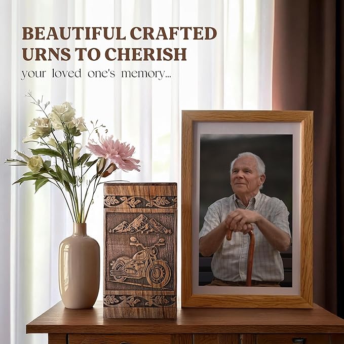 Small Wooden Cremation Urns for Human Ashes 120 lbs - Motorcycle
