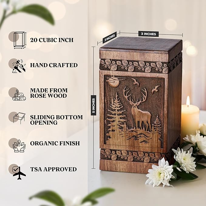Keepsake Wooden Cremation Urns for Human Ashes 20 lbs - Deer