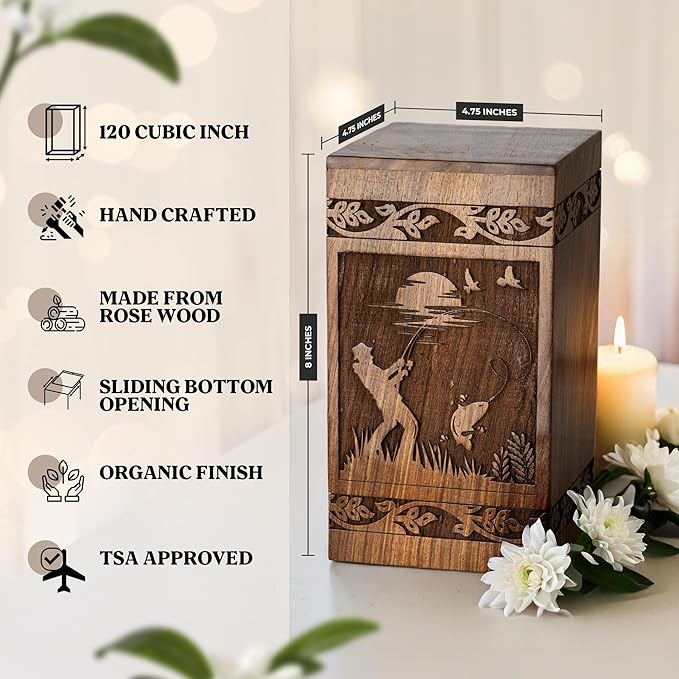Small Wooden Cremation Urns for Human Ashes 120 lbs - Fishing