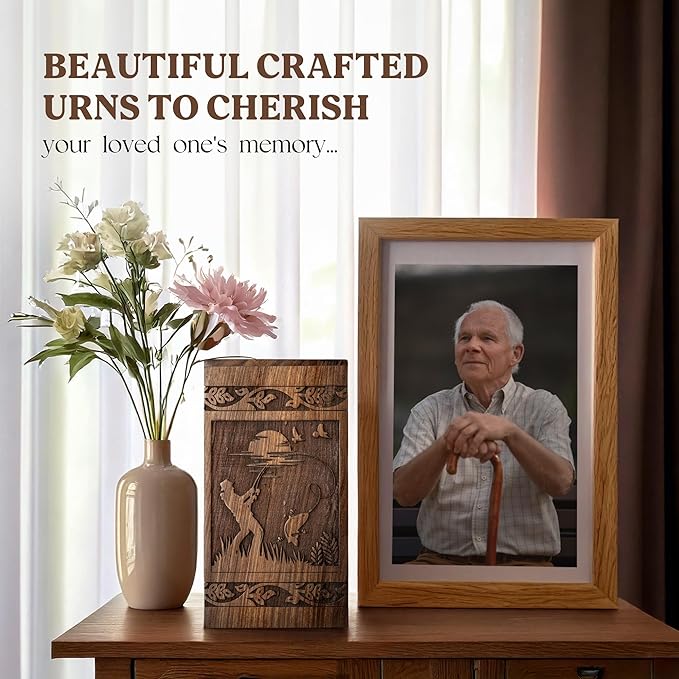 Large  Wooden Cremation Urn for Human Ashes Adult - Fishing