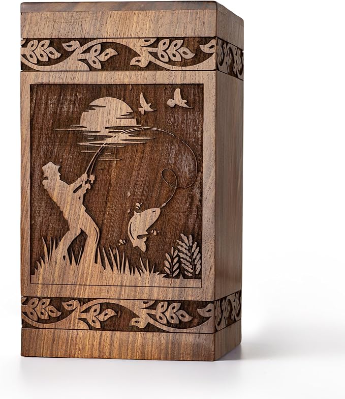 Small Wooden Cremation Urns for Human Ashes 120 lbs - Fishing
