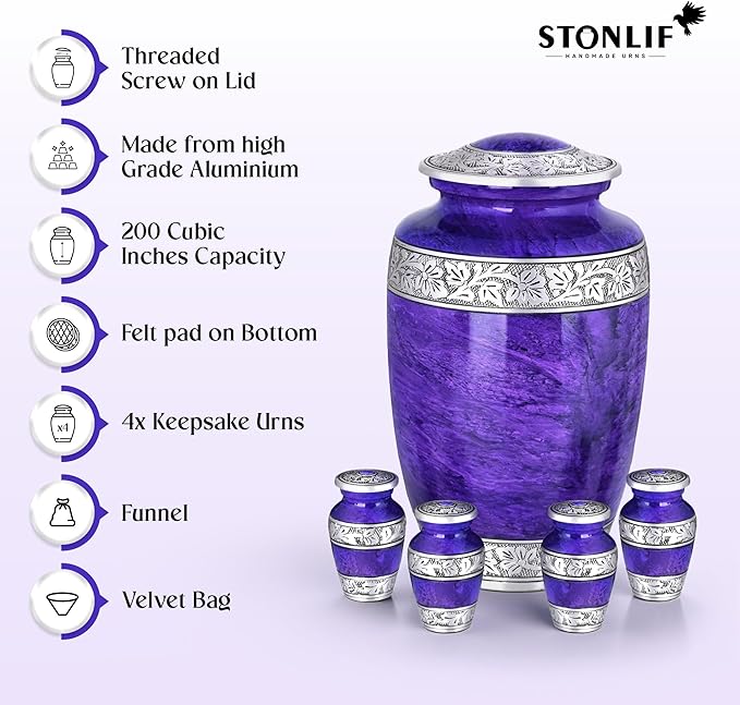Purple Marble Funeral Urn Set – Large Aluminum Urn with 4 Keepsake Mini Urns