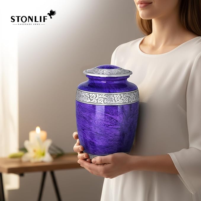 Purple Marble Funeral Urn Set – Large Aluminum Urn with 4 Keepsake Mini Urns