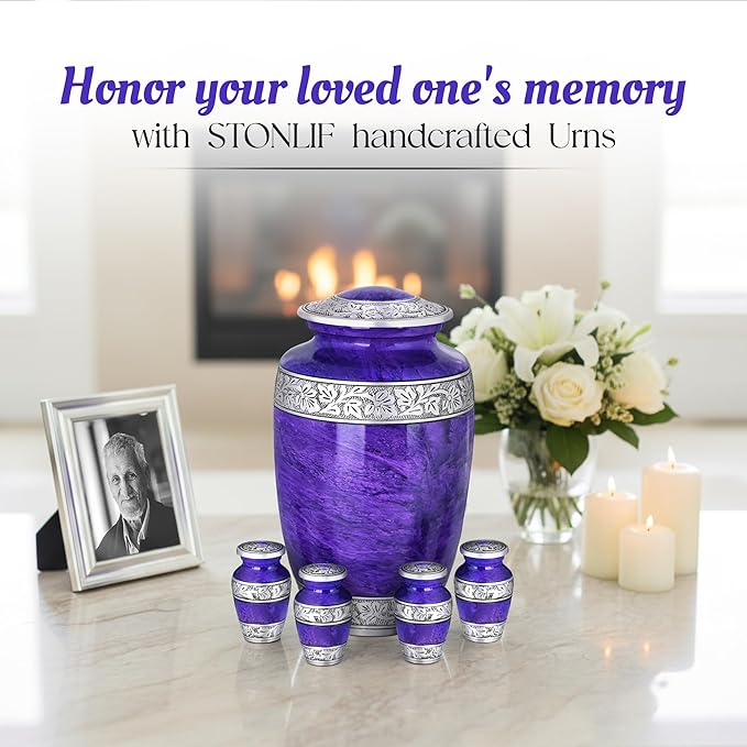 Purple Marble Funeral Urn Set – Large Aluminum Urn with 4 Keepsake Mini Urns
