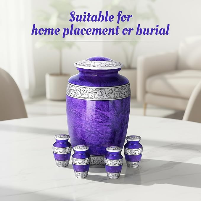 Purple Marble Funeral Urn Set – Large Aluminum Urn with 4 Keepsake Mini Urns