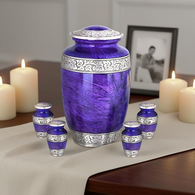 Purple Marble Funeral Urn Set – Large Aluminum Urn with 4 Keepsake Mini Urns