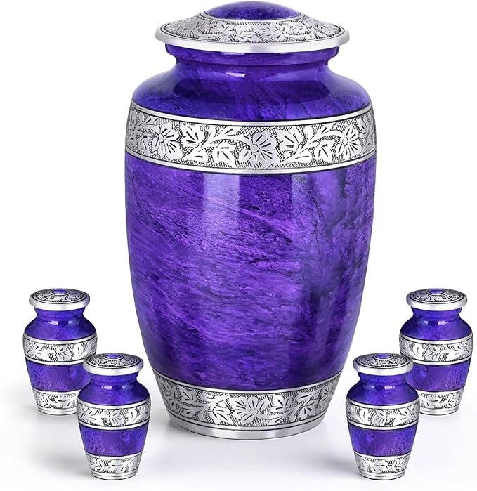 Purple Marble Funeral Urn Set – Large Aluminum Urn with 4 Keepsake Mini Urns