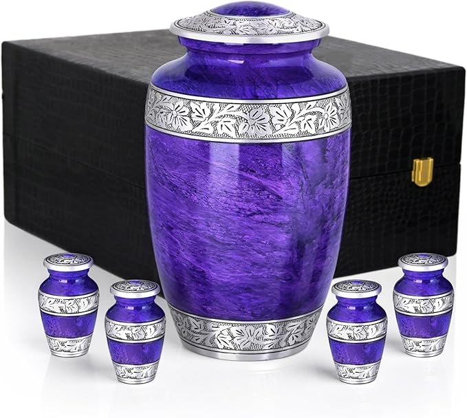 Purple Marble Funeral Urn Set – Large Aluminum Urn with 4 Keepsake Mini Urns