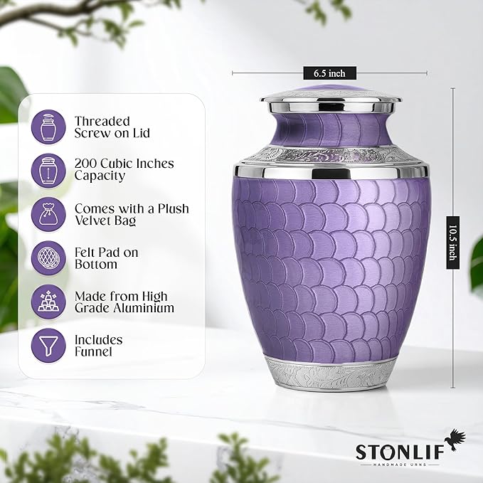 Adult Cremation Urn for Human Ashes – Large Aluminum Memorial Urn (200 Cu in) with Felted Base, Velvet Bag & Funnel