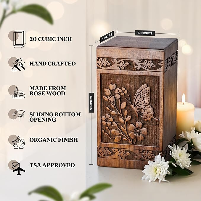 Small Wooden Cremation Urns for Human Ashes 120 lbs - Butterfly