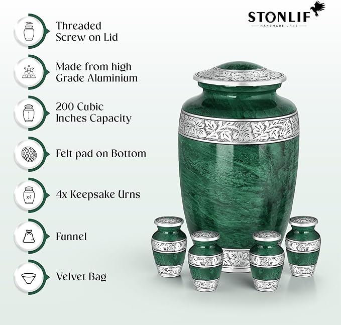 Green Marble Cremation Urn Set – Adult Funeral Urn with 4 Mini Keepsake Urns
