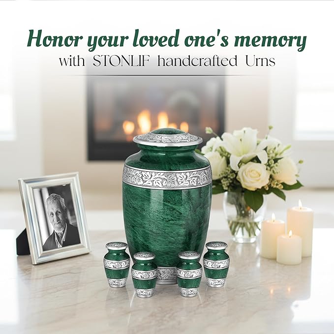 Green Marble Cremation Urn Set – Adult Funeral Urn with 4 Mini Keepsake Urns
