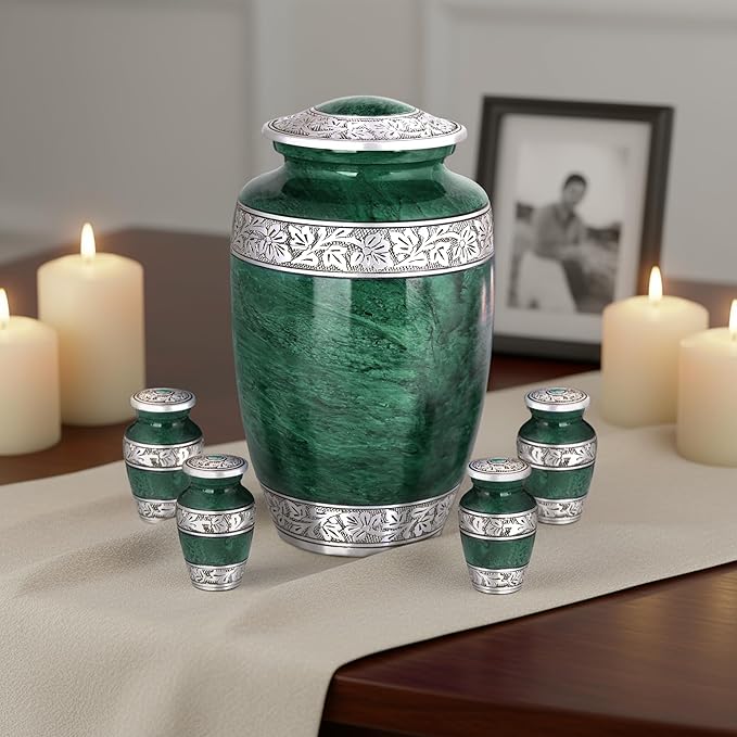Green Marble Cremation Urn Set – Adult Funeral Urn with 4 Mini Keepsake Urns