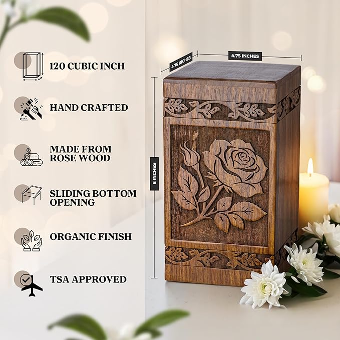Wooden Cremation Urns for Human Ashes 120 lbs  - Wood Urn for Women, Men & Loved Ones - Rose