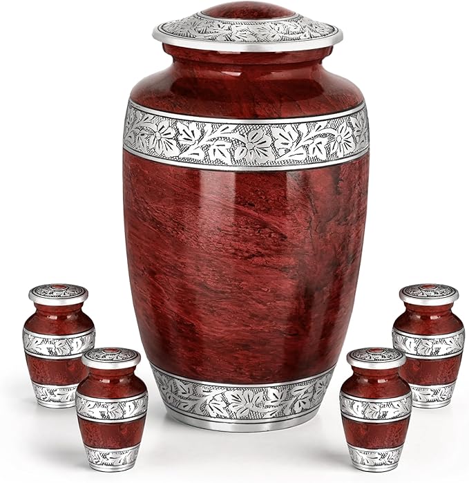 Red Marble Urn with Keepsakes – Large Aluminum Cremation Urn for Human Ashes