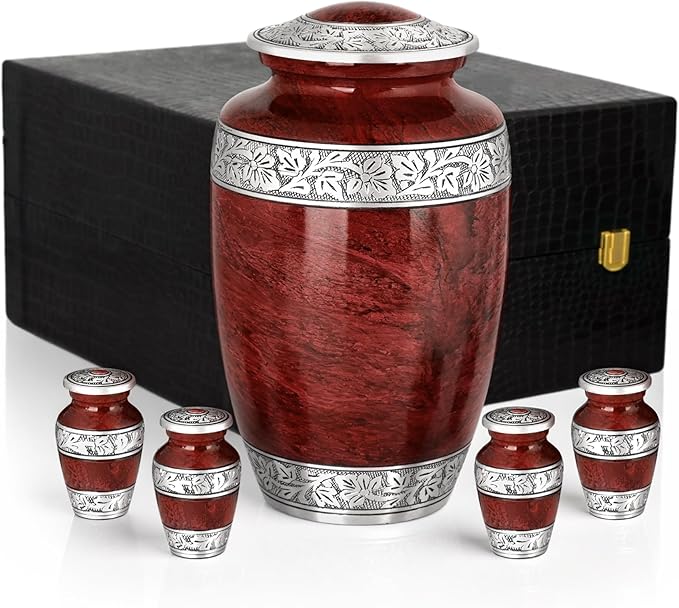 Red Marble Urn with Keepsakes – Large Aluminum Cremation Urn for Human Ashes
