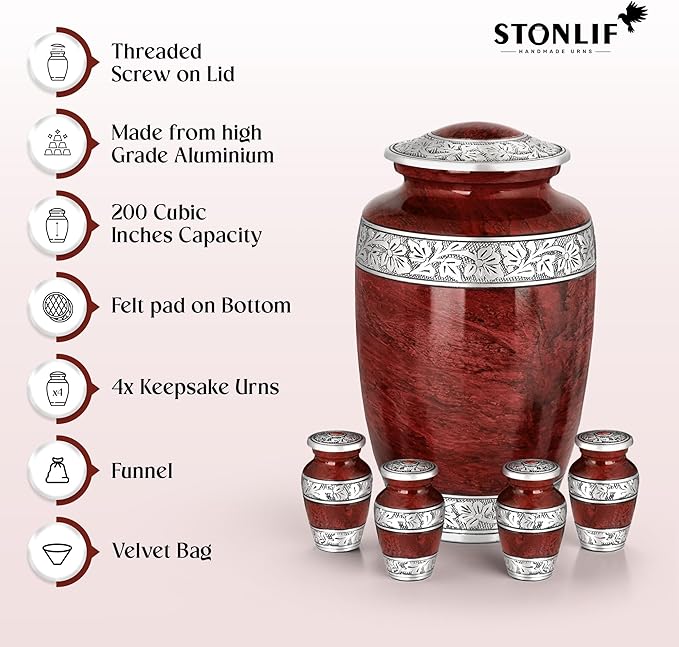 Red Marble Urn with Keepsakes – Large Aluminum Cremation Urn for Human Ashes